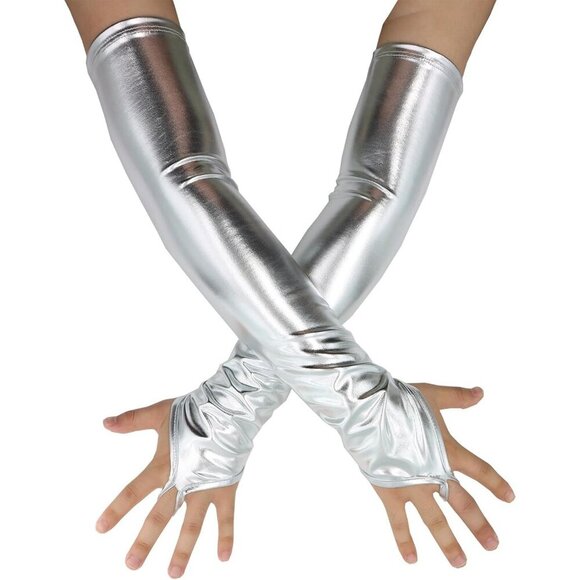 Accessories - Women's Fingerless Shiny Metallic Spandex Silver Fashion Long Elastic Gloves